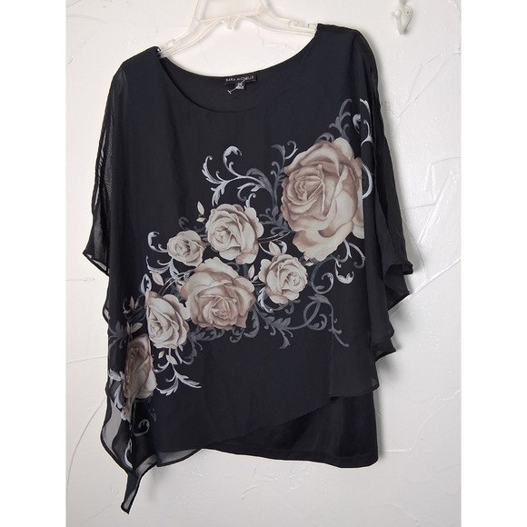 Floral Mesh Overlay‎ Blouse Batwing Cold Shoulder Asymmetrical Hem Size 2X Fairy - Picture 2 of 9